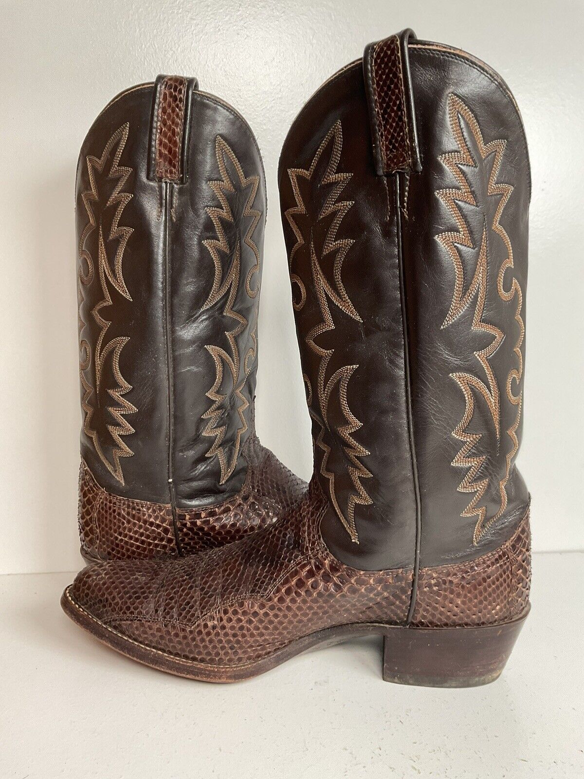 Vintage Dan Post Brown Front Cut Python Cowboy Boots 9.5 D Snakeskin USA Made