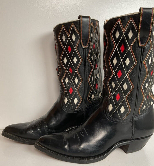 Vintage ACME Tooled Diamond Inlay Leather Cowboy Boots 8 D Old Label 1950s 1960s