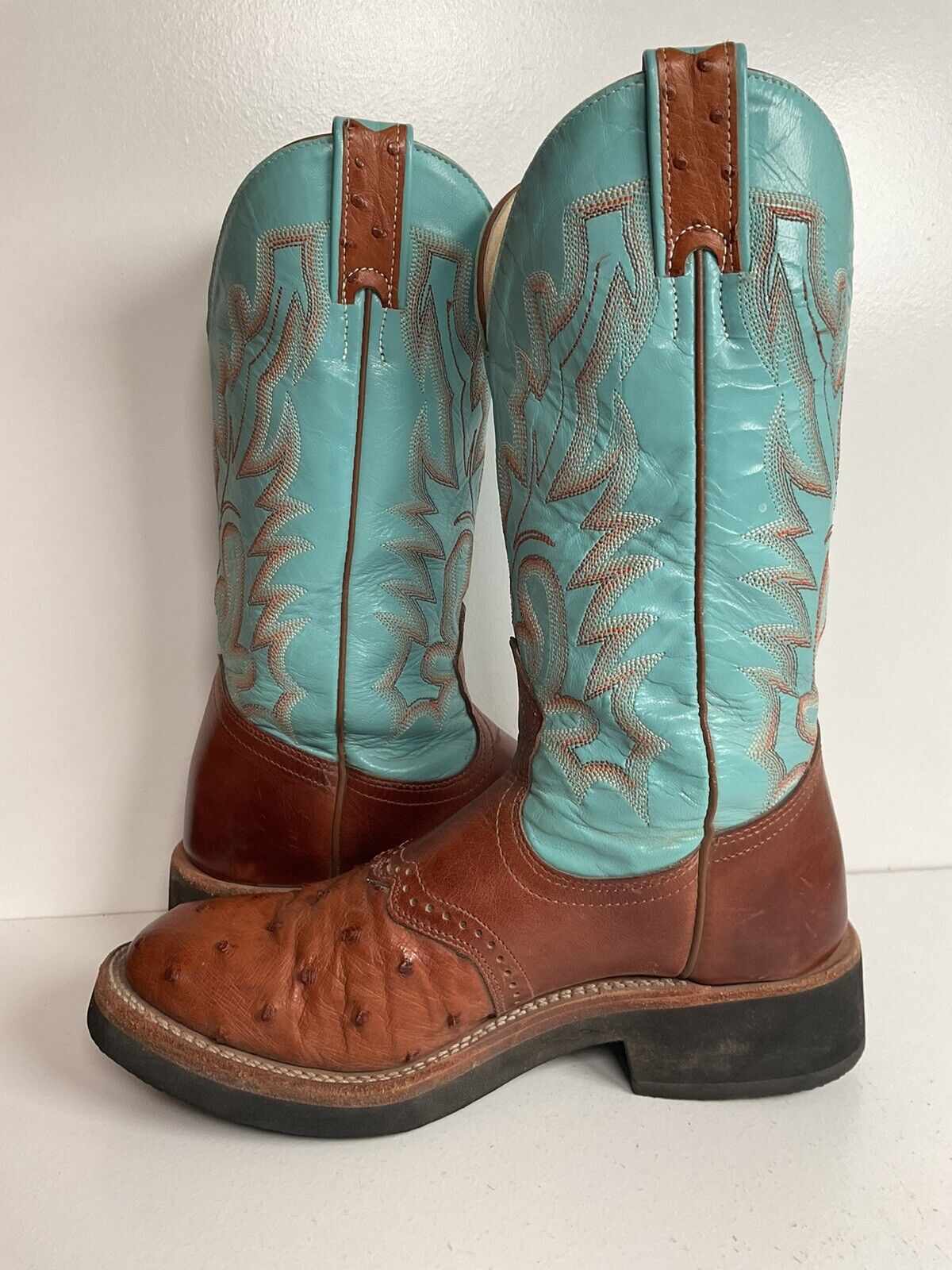 Boulet Exotic Ostrich Quill Cowgirl Roper Boots 7 C Crepe Turquoise