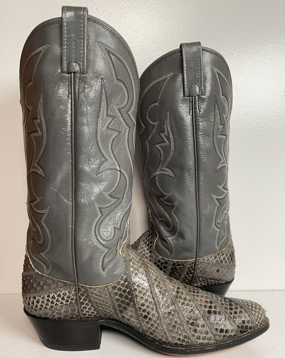 Vintage Dan Post Grey Anaconda Snakeskin Cowboy Boots 9.5 D Exotic Custom