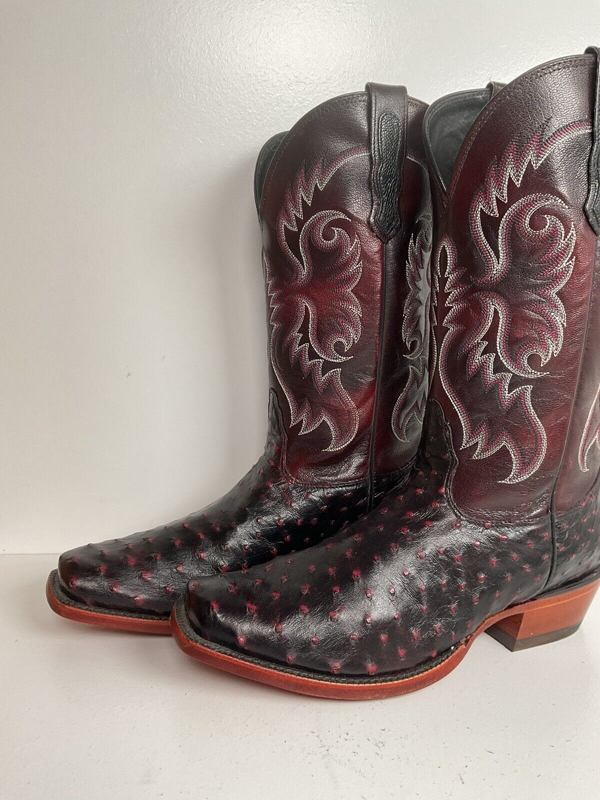 Nocona Black Cherry Ostrich Quill Cowboy Boots 9 EE Handcrafted USA Made