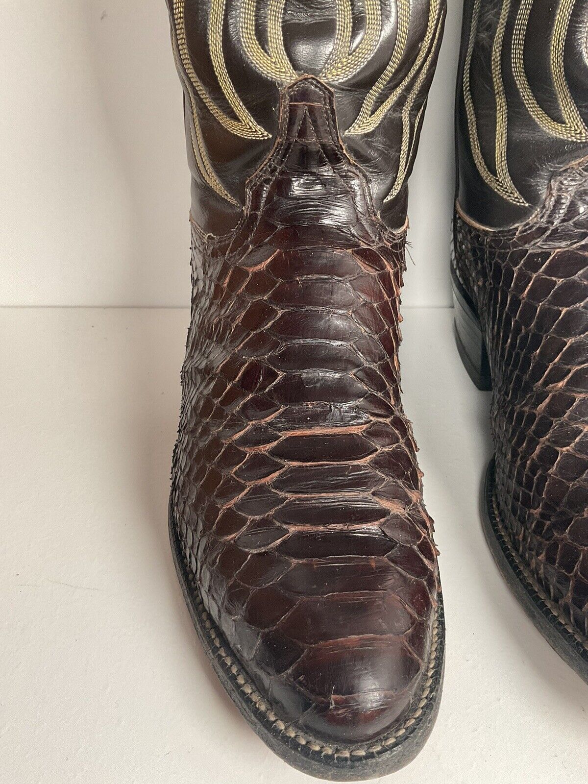 Vintage Tony Lama Back Cut Python Cowboy Boots 8.5 D Dark Brown Snakeskin