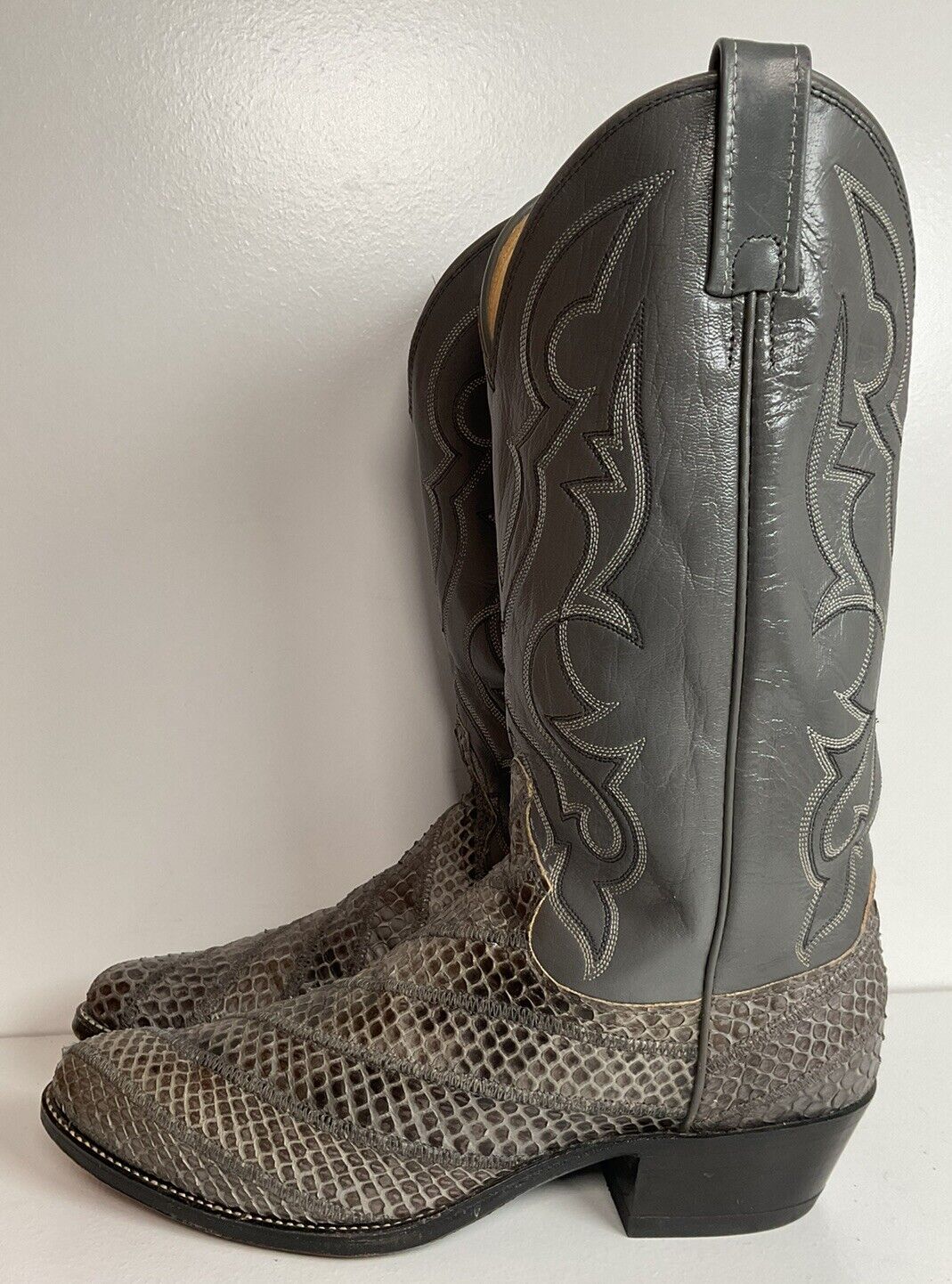 Vintage Dan Post Grey Anaconda Snakeskin Cowboy Boots 9.5 D Exotic Custom