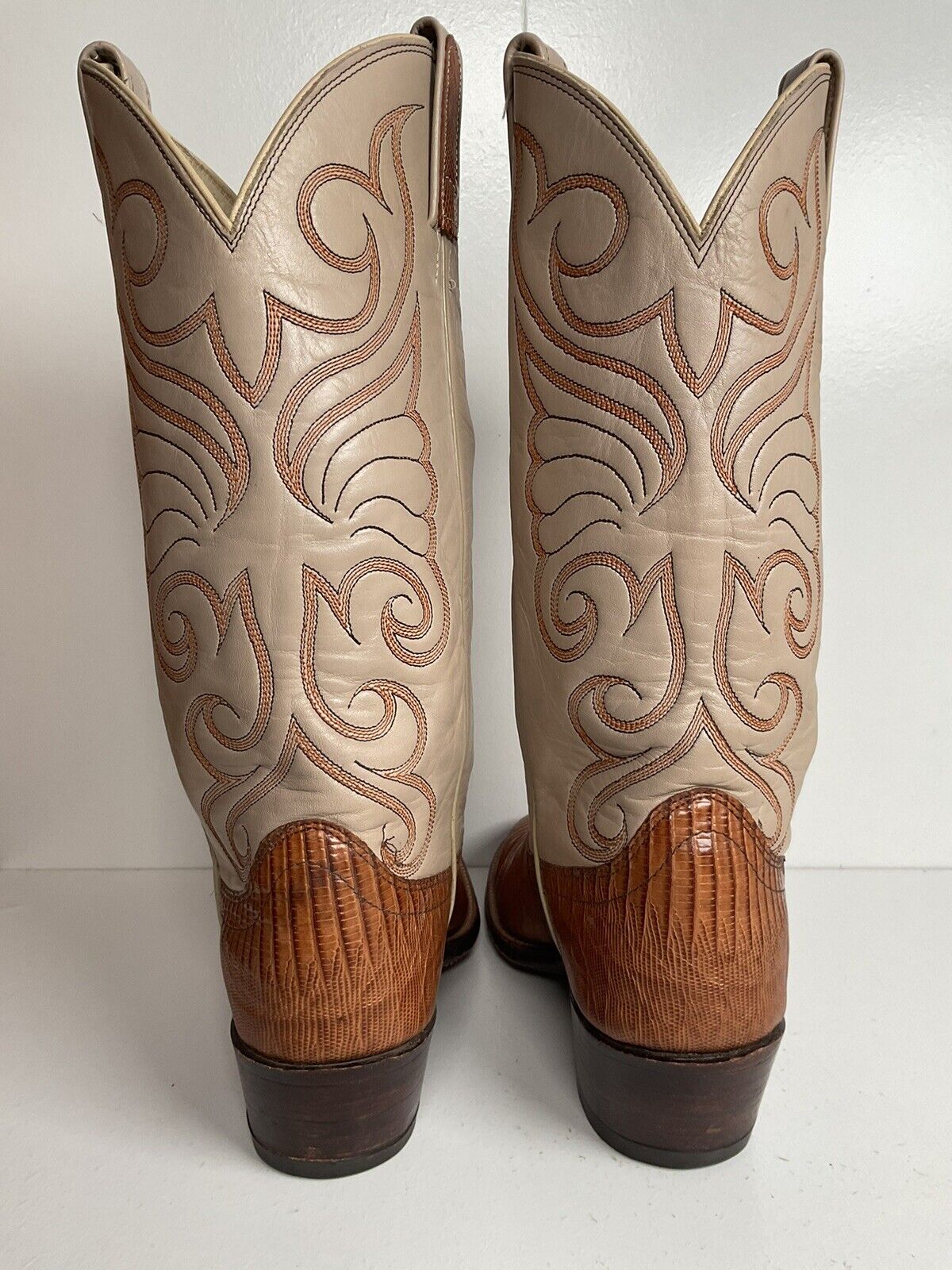 Vintage Dan Post Teju Lizard Cowboy Boots 8 D USA Old Label Crème Upper