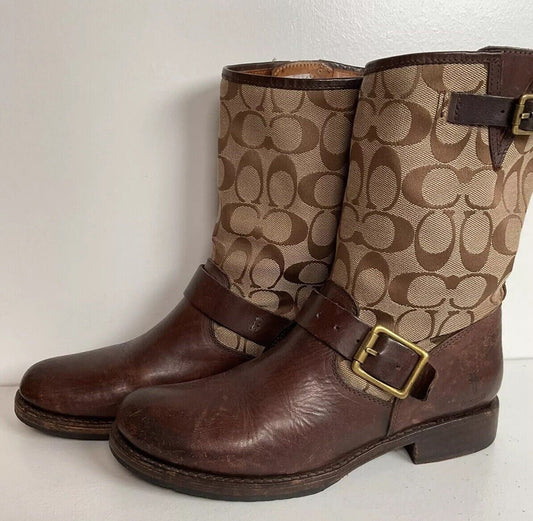 Frye for Coach Veronica Monogram Engineer Boots 8 B Canvas Harness