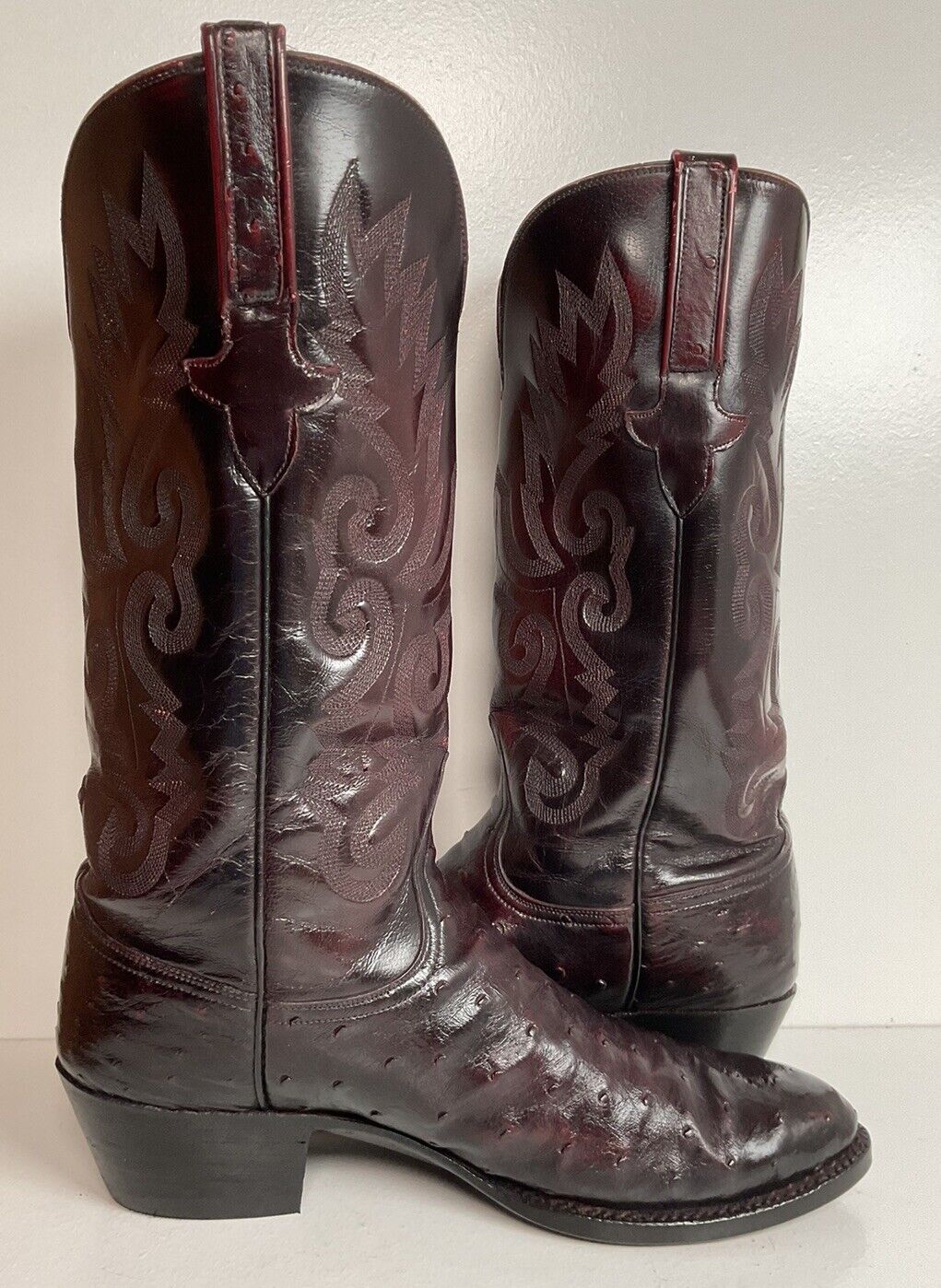 Vintage Lucchese Black Cherry Ostrich Quill Cowboy Boots 9 EE Exotic New Soles