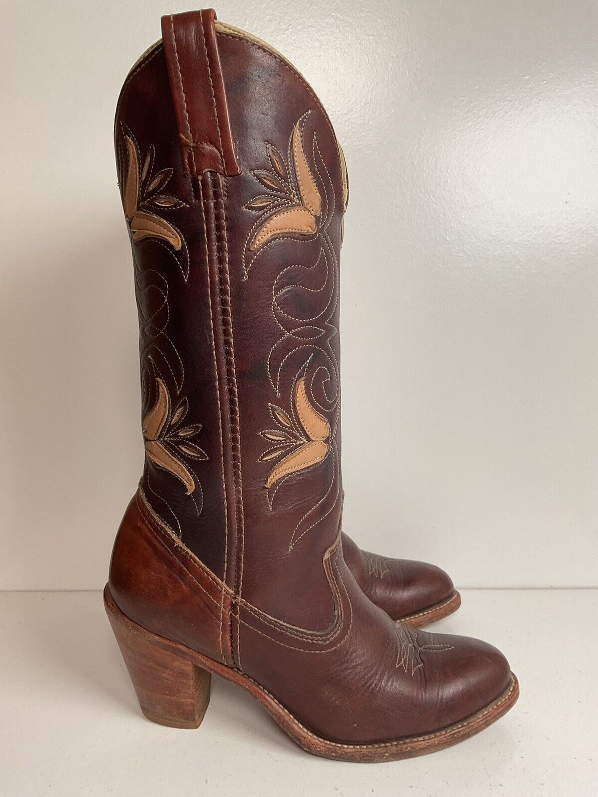 Vintage Dingo Acme 14” Brown Floral Cowgirl Boots 6 M Tooled Tulip Overlay