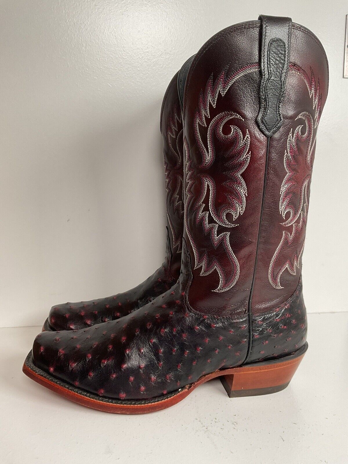 Nocona Black Cherry Ostrich Quill Cowboy Boots 9 EE Handcrafted USA Made