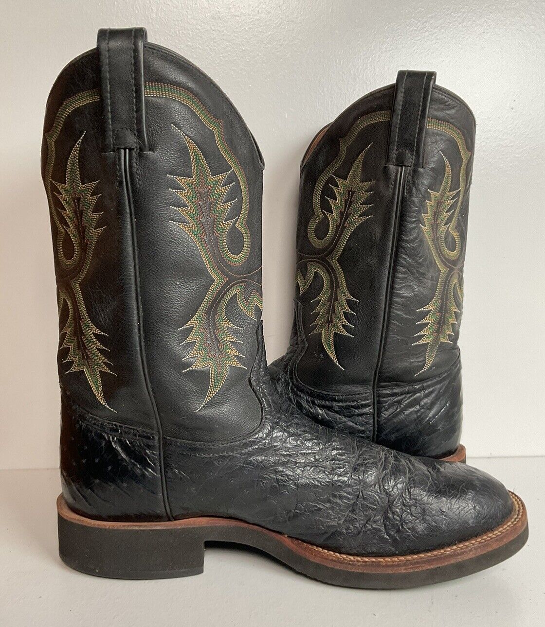 Tony Lama Ostrich Crepe Roper Boots 10 D Western Work Wear Black Exotic