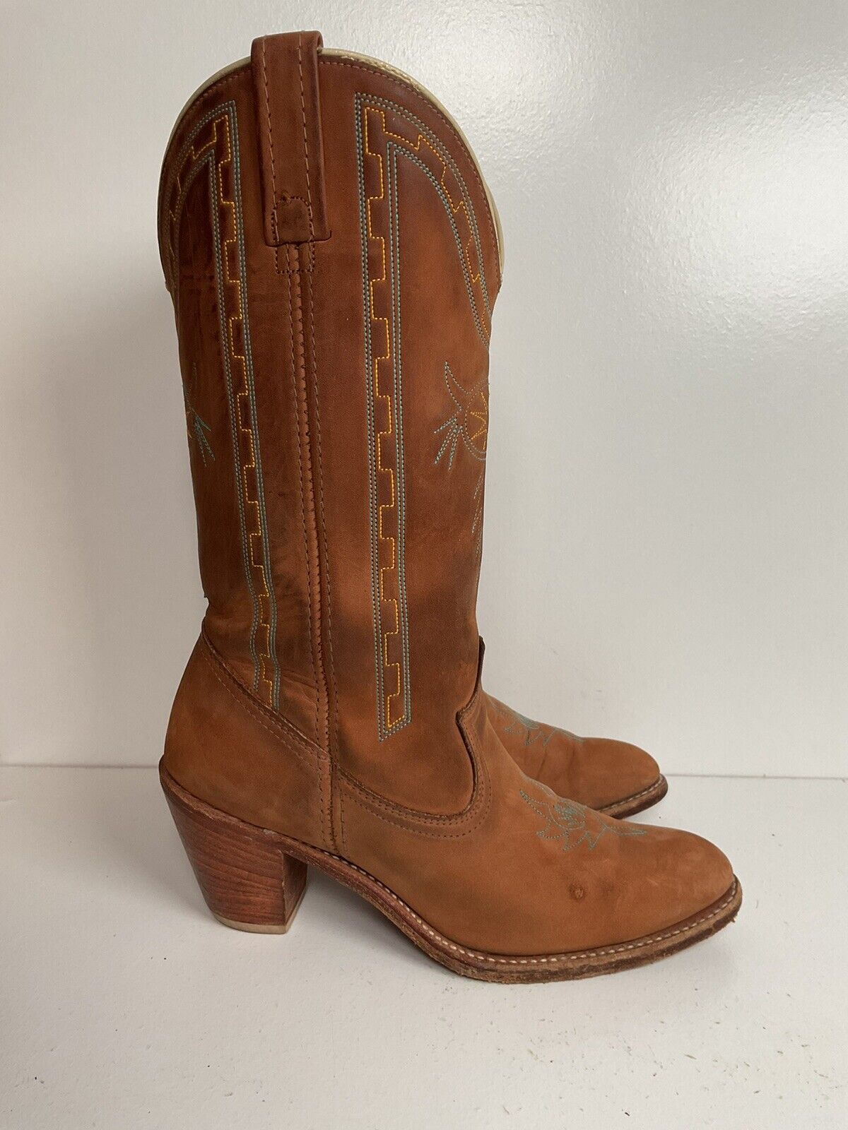 Vintage Dingo Acme Nubuck Suede Cowgirl Boots 8 M Dream Catcher Stitching