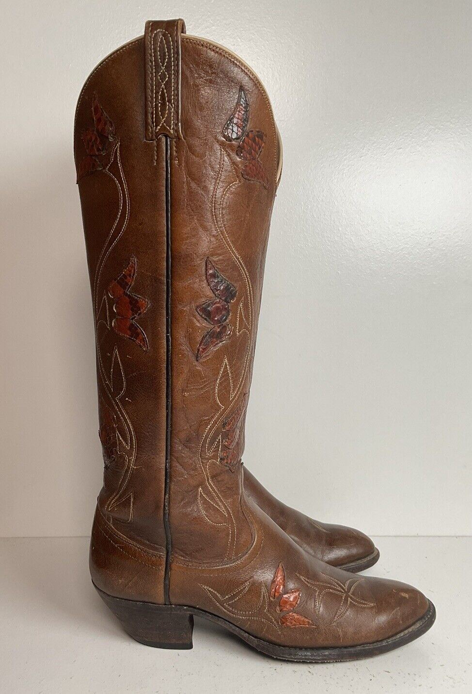 Vintage Dan Post 17”  Tulip Cowgirl Boots 7.5 C Tooled Snakeskin Overlay