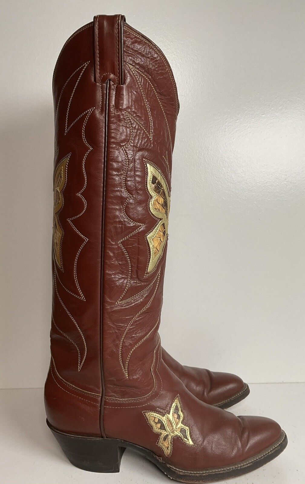 Vintage Justin Tall Butterfly Inlay Cowgirl Boots 6.5 C Snakeskin 70s