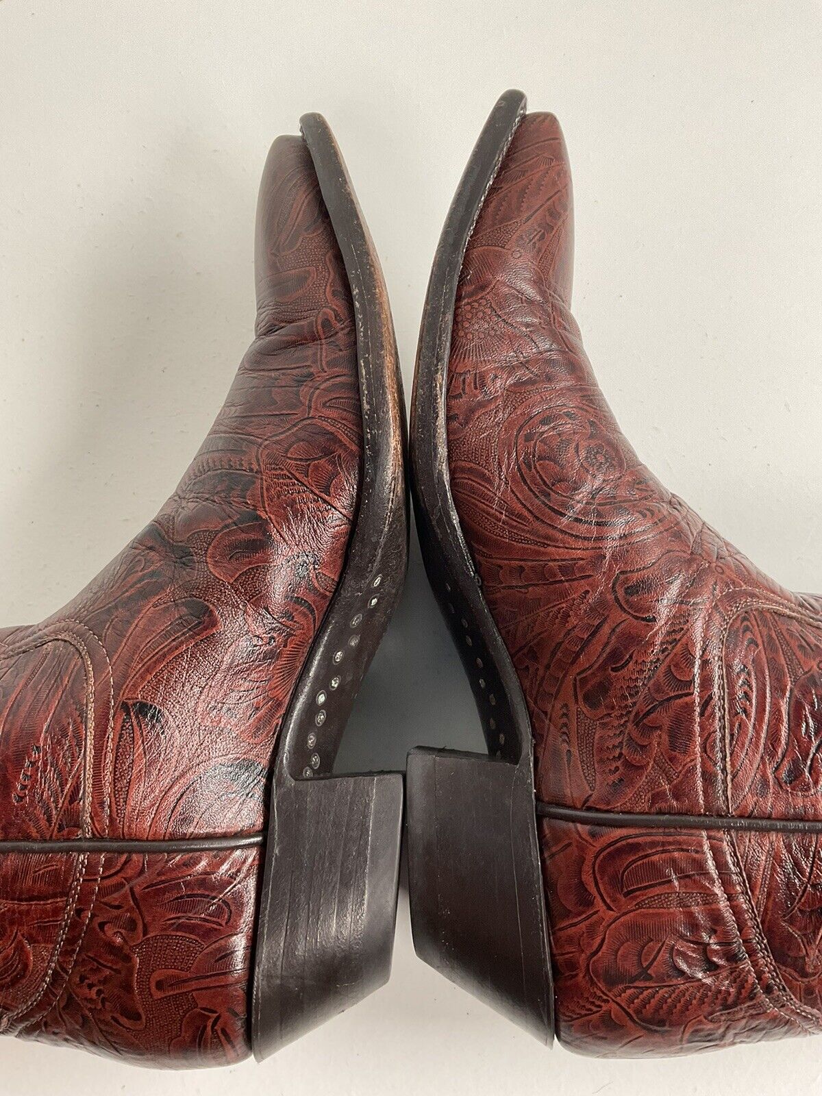 Vintage Larry Mahan Tooled Cowgirl Boots 7 B Mahogany Brown