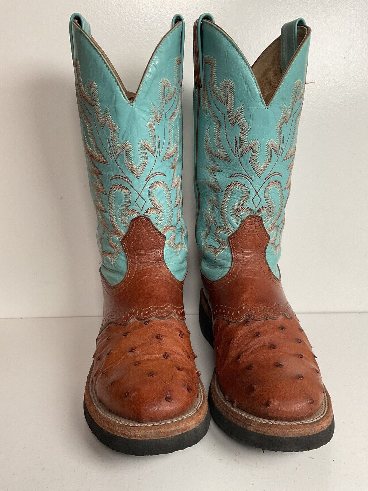 Boulet Exotic Ostrich Quill Cowgirl Roper Boots 7 C Crepe Turquoise