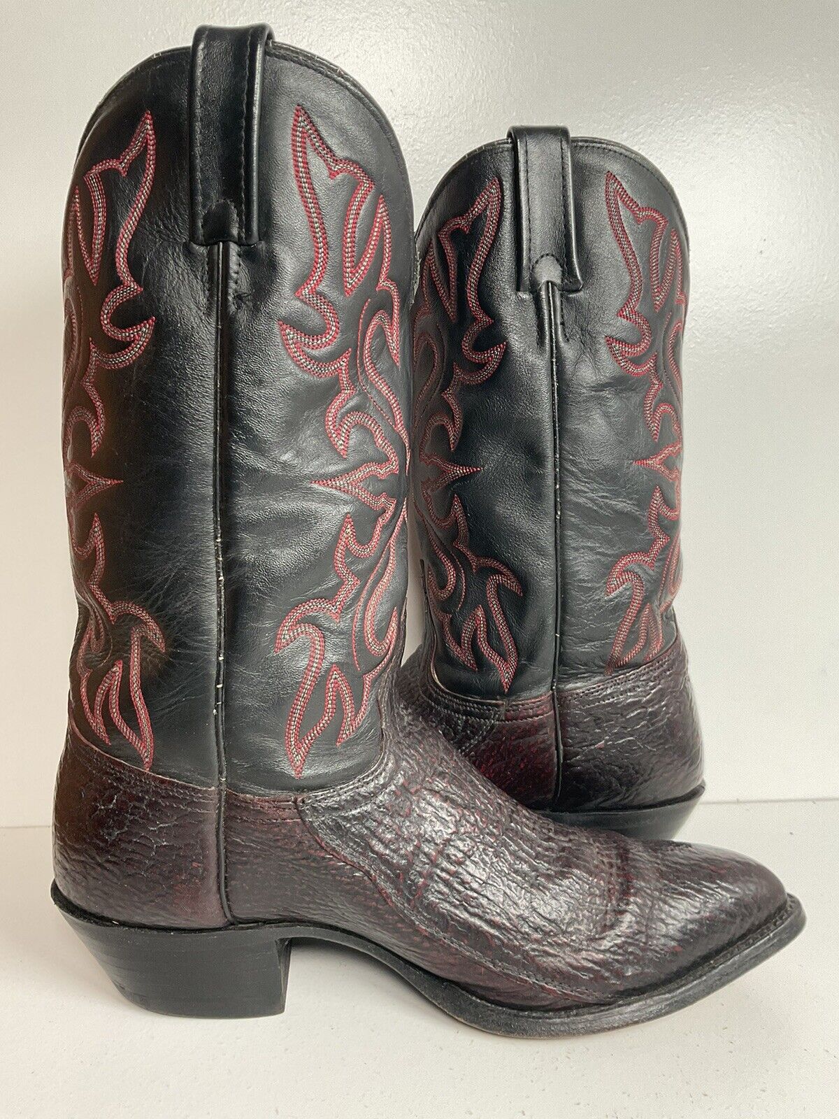 Vintage J Chisholm Exotic Shark Leather Cowboy Boots 10.5 D Black Cherry