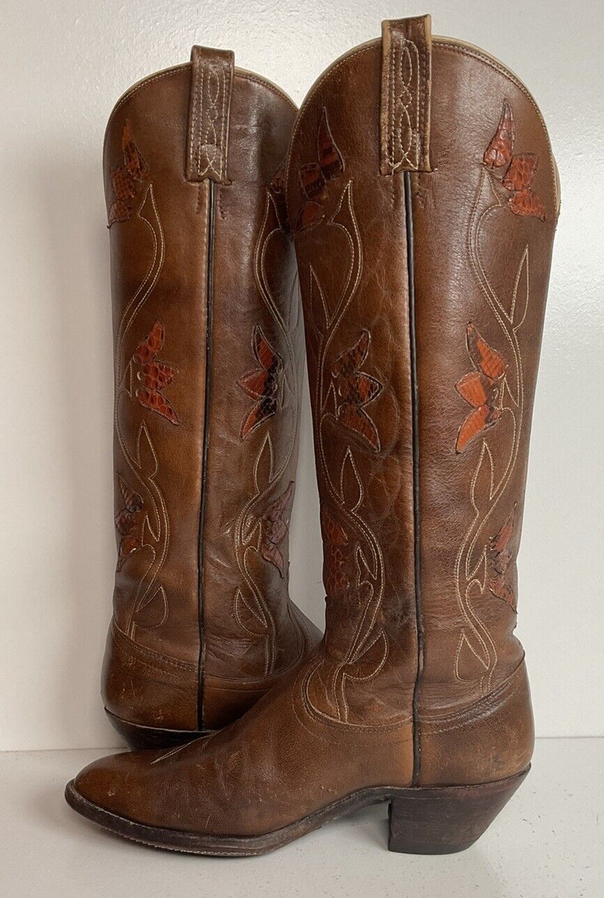 Vintage Dan Post 17”  Tulip Cowgirl Boots 7.5 C Tooled Snakeskin Overlay