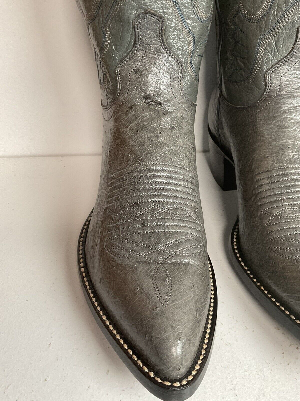 Vintage J. Chisholm Grey Smooth Ostrich Cowboy Boots 7.5 D New Old Stock Exotic