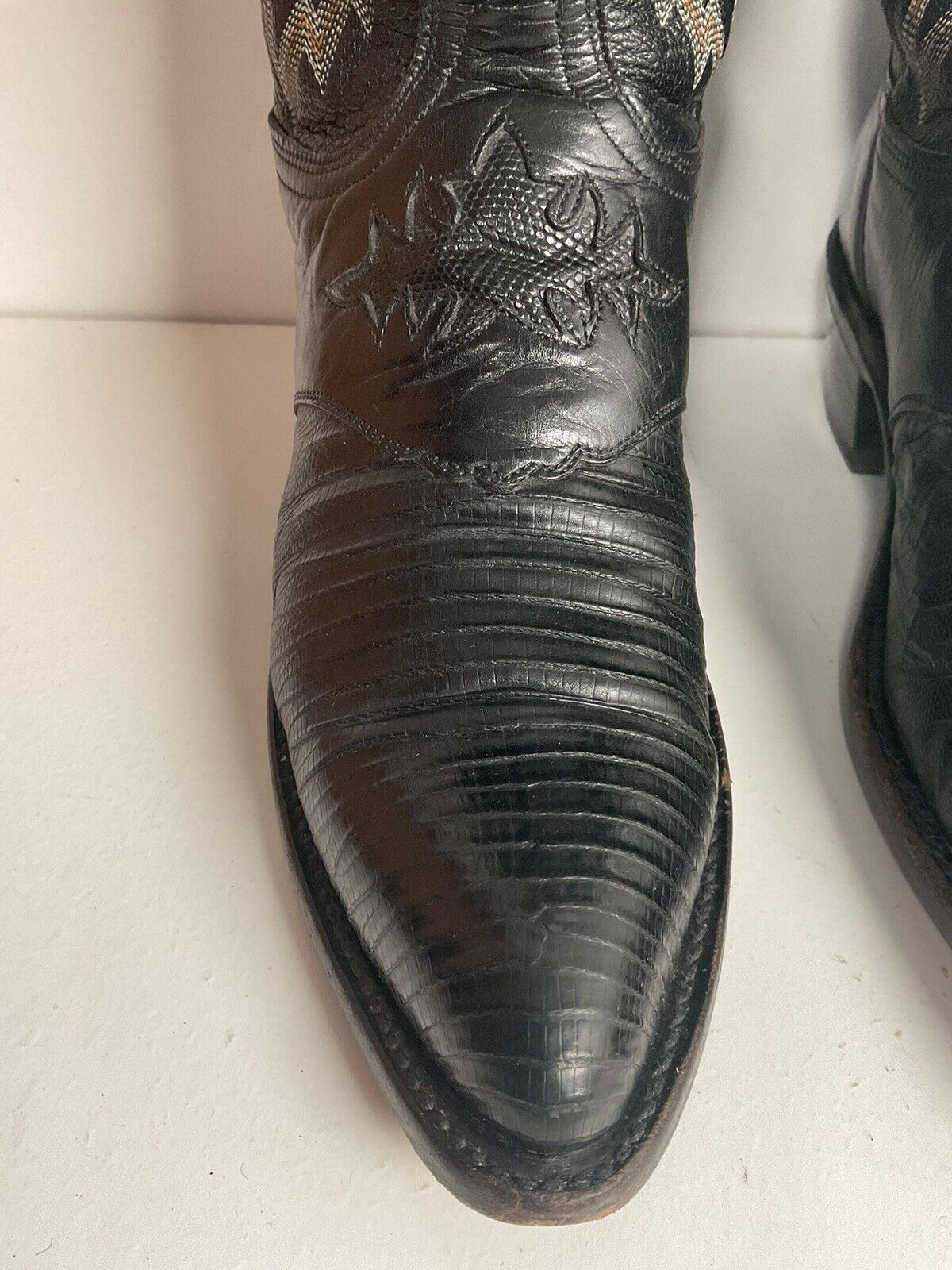 Lucchese 1883 Black Leather Cowgirl Boots 10 B Tooled Lizard Inlay