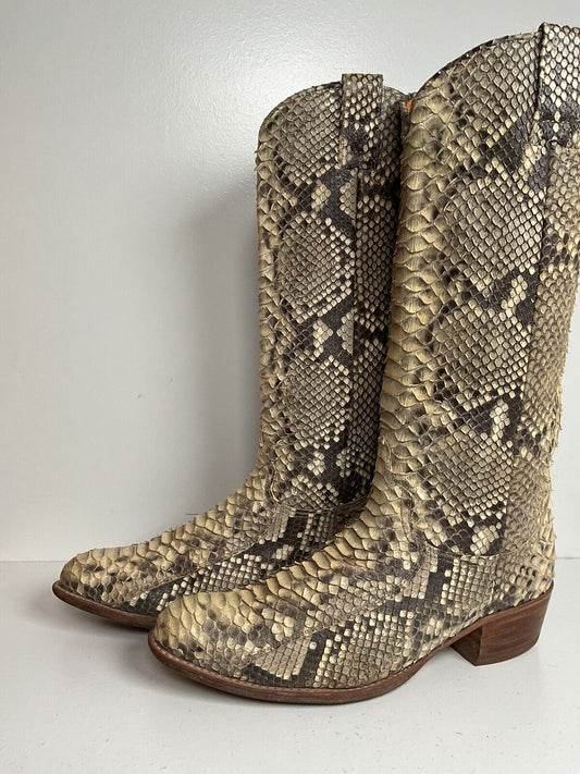 Frye Deborah Full Python Snakeskin Cowgirl Boots 9 M Goodyear Welt Spain