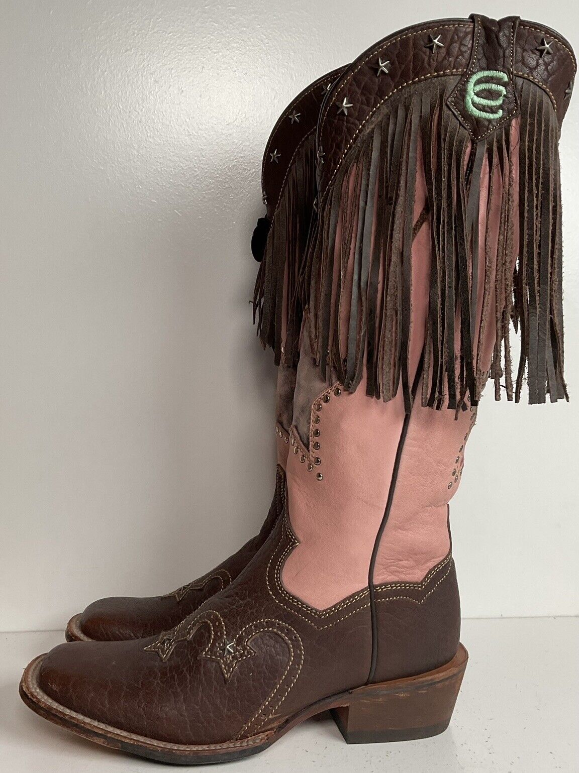 Dan Post 16” Fringe Cowgirl Boots 7.5 M Square Toe Star Inlay