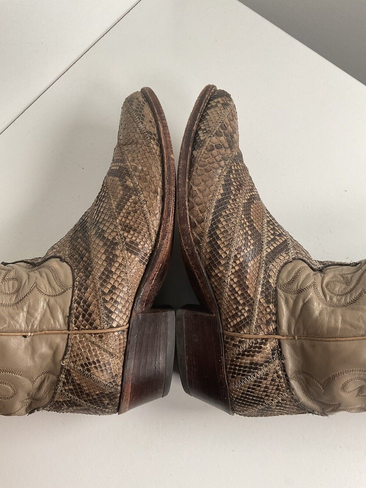 Vintage Dan Post Front Cut Python Snakeskin Cowboy Boots 10 D Patchwork USA Made