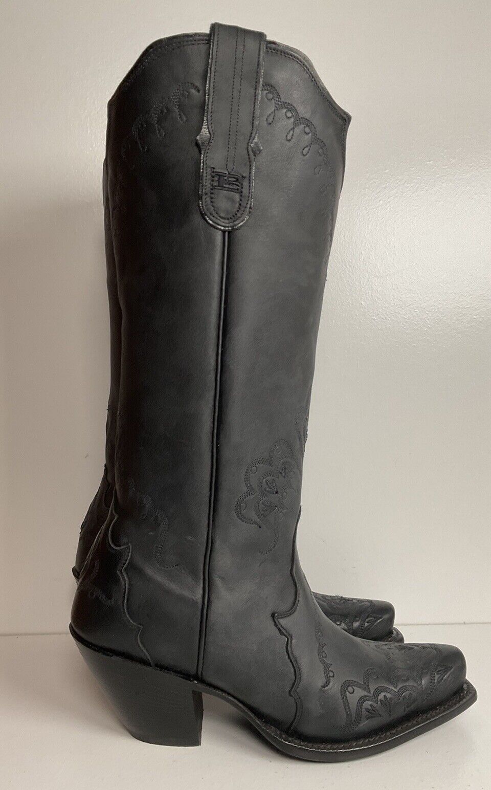 Tony Lama 16” Black Leather Cowgirl Boots 7 B USA Black Label