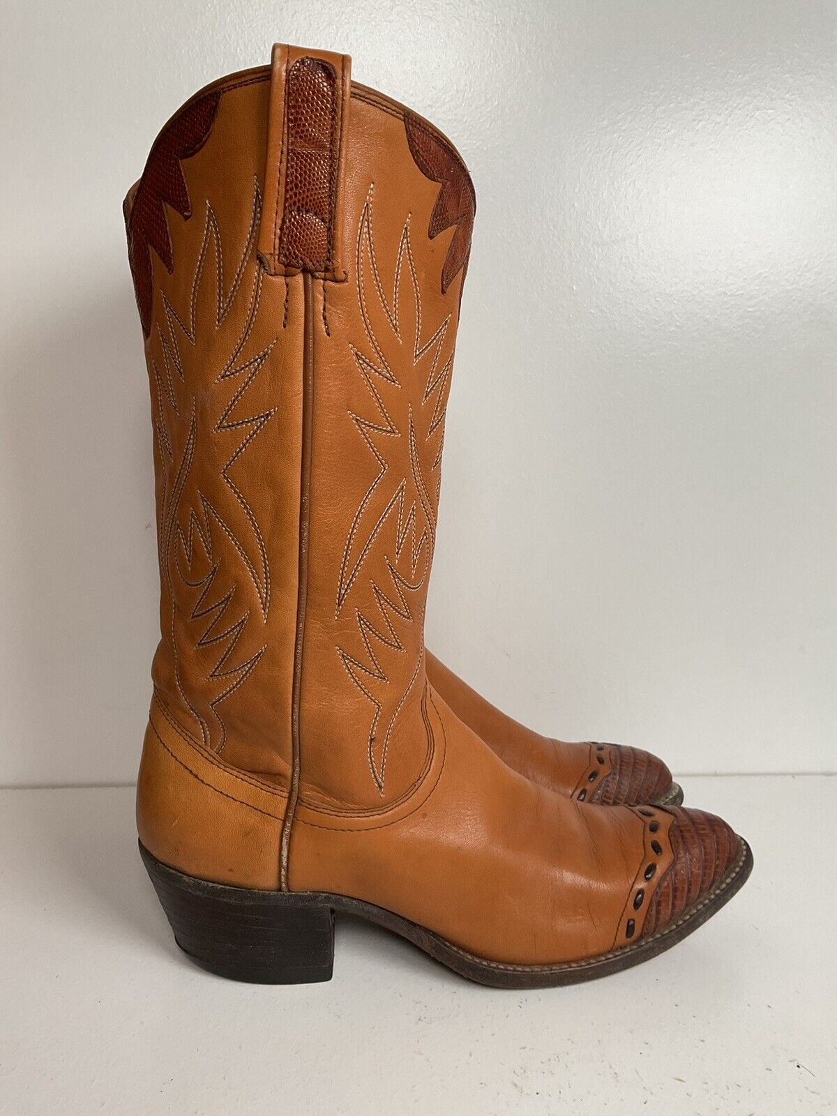 Vintage Dan Post Lizard Wingtip Cowgirl Boots 6.5 C Tooled Overlay