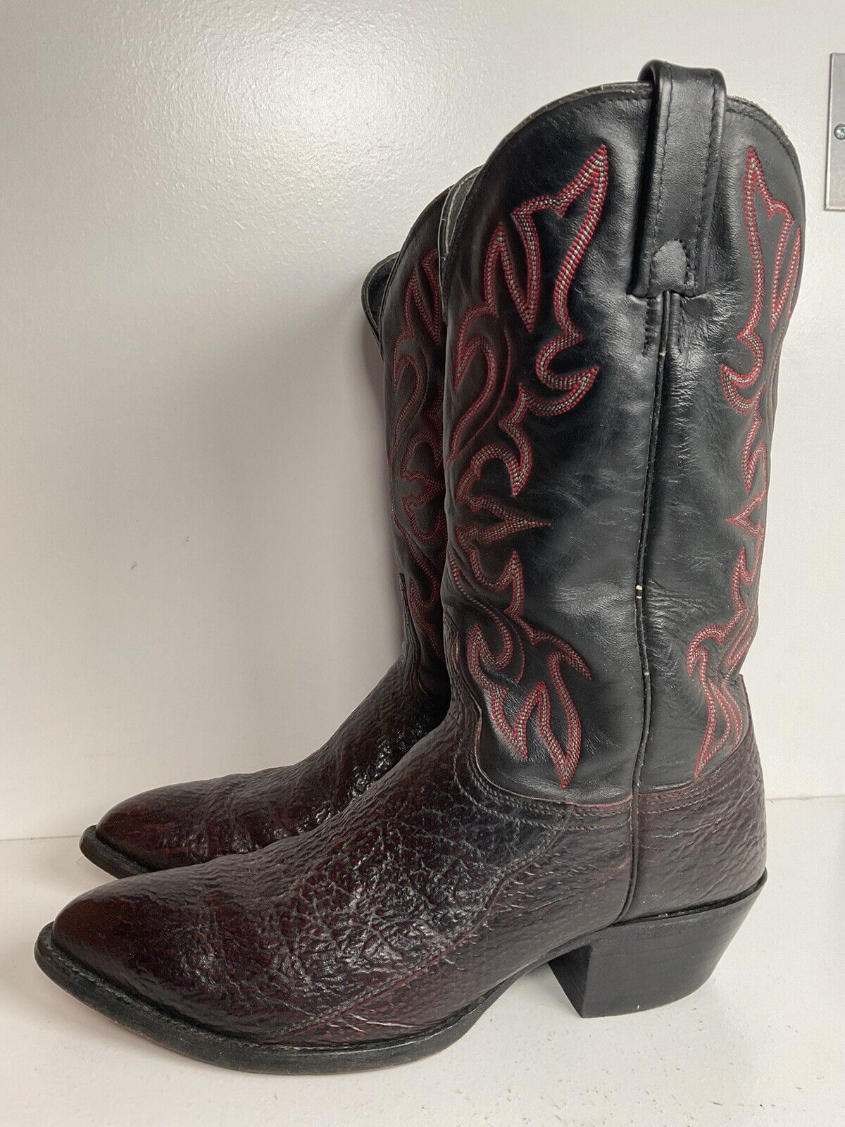 Vintage J Chisholm Exotic Shark Leather Cowboy Boots 10.5 D Black Cherry