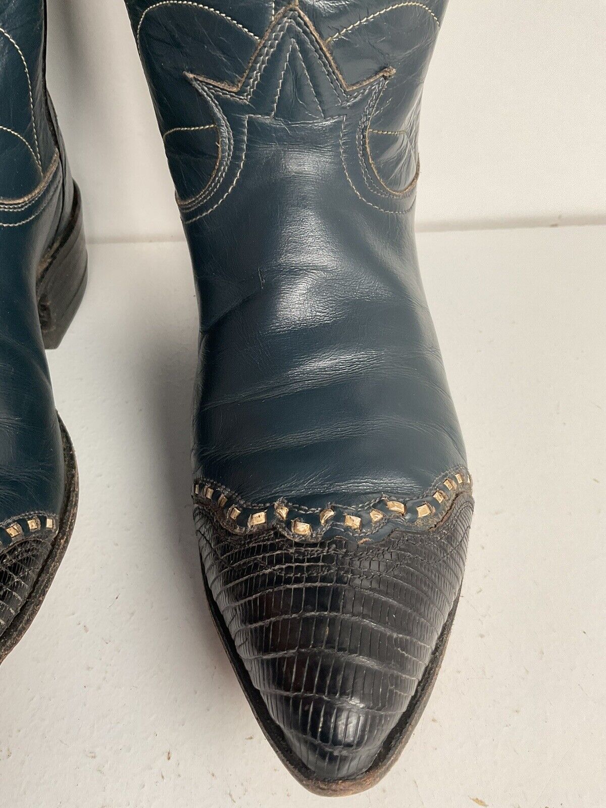 Vintage Tony Lama Navy Blue Cowgirl Boots 6 A Lizard Wingtip