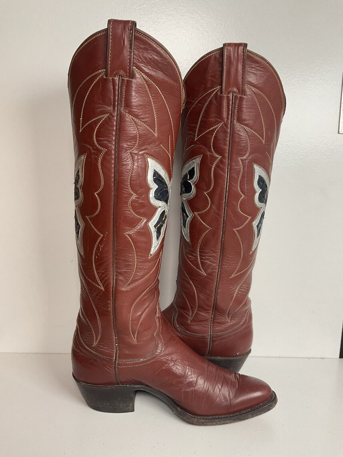 Vintage Justin 18” Butterfly Cowgirl Boots 5.5 C Snakeskin Inlay 70s