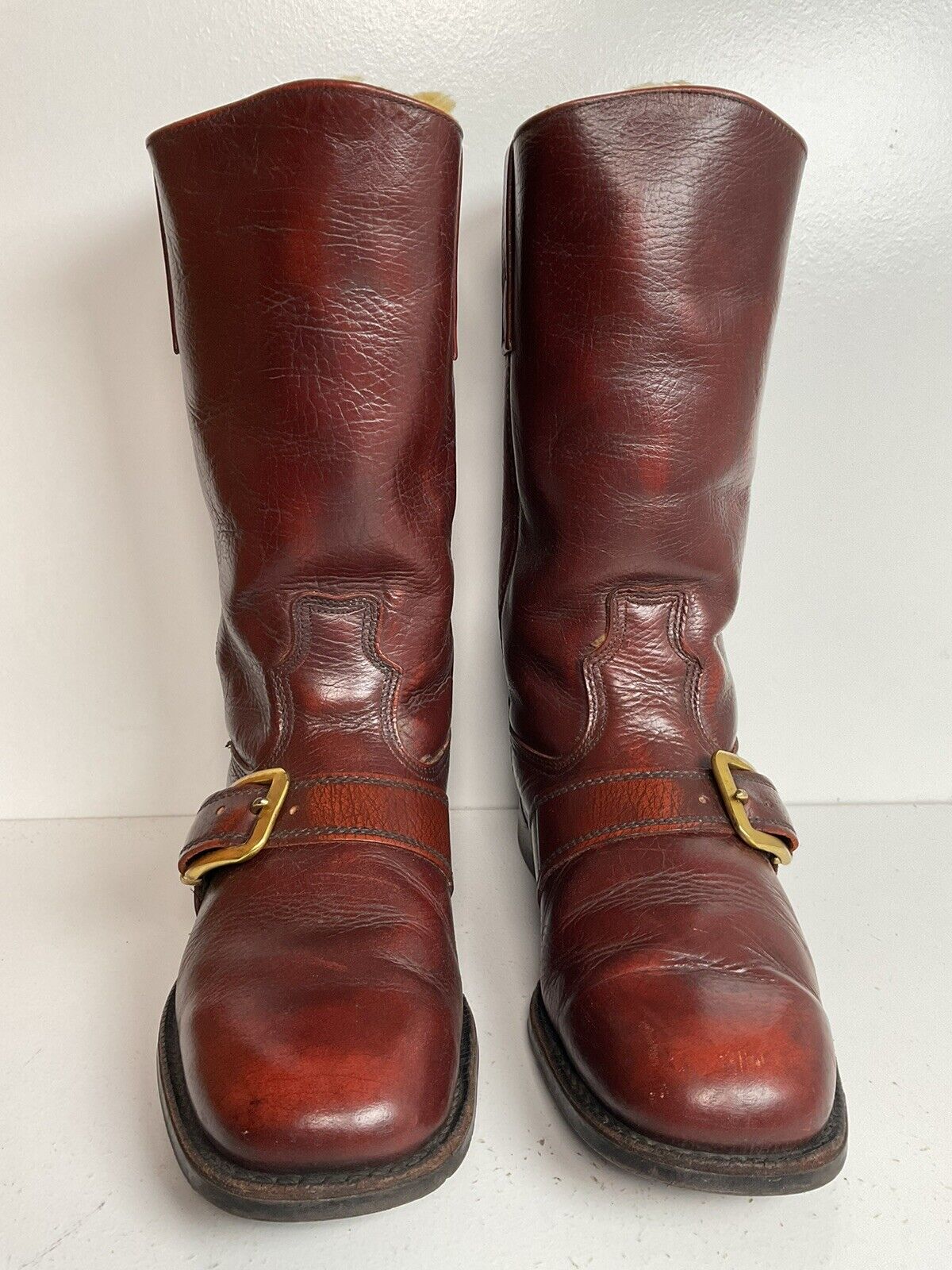 Vintage Acme Faux Fur Lined Engineer Boots 8 D Buckle Winter Insulated 60s 70s