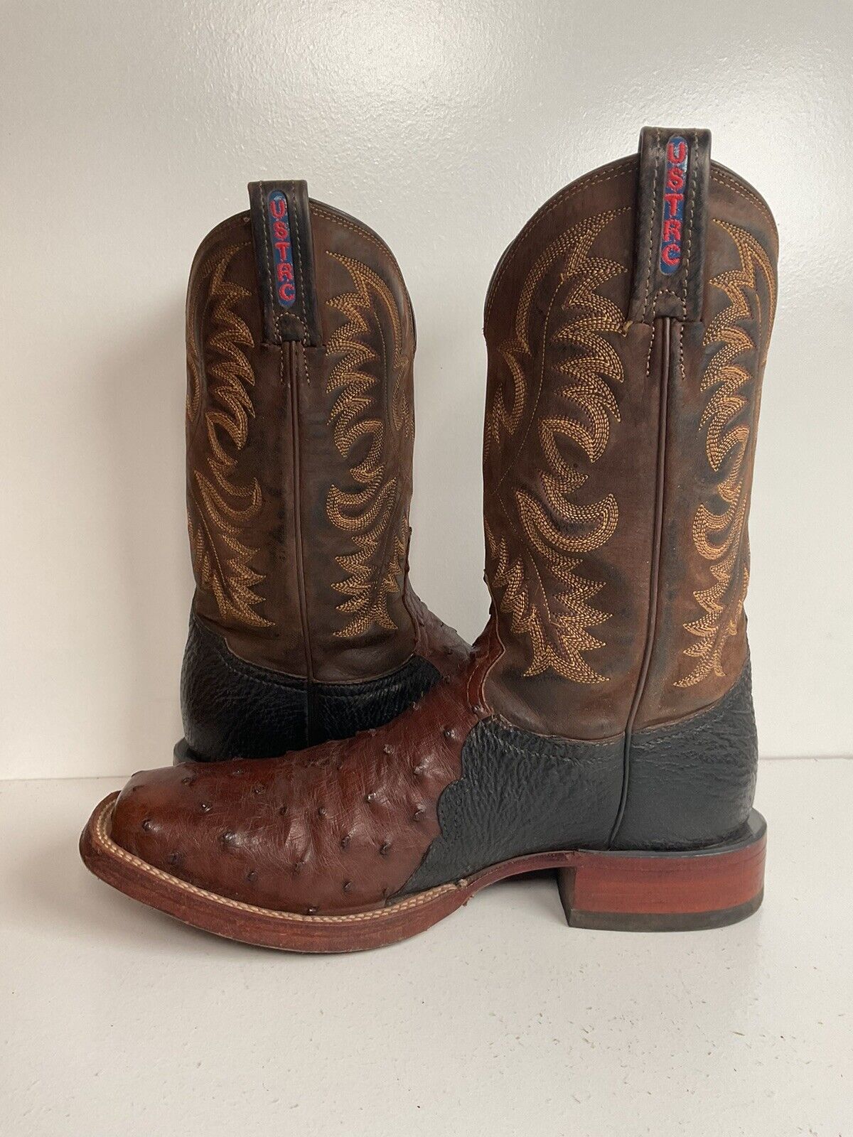 Vintage Tony Lama Exotic Ostrich, Shark Cowboy Boots 8 EE Square Toe Custom