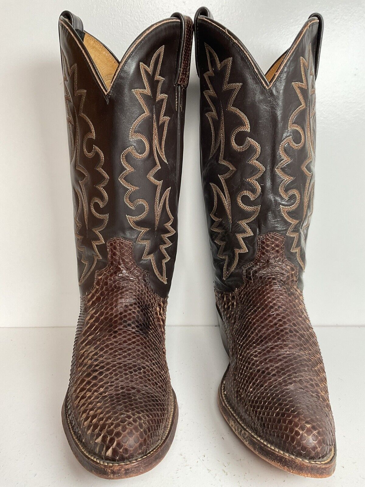 Vintage Dan Post Brown Front Cut Python Cowboy Boots 9.5 D Snakeskin USA Made