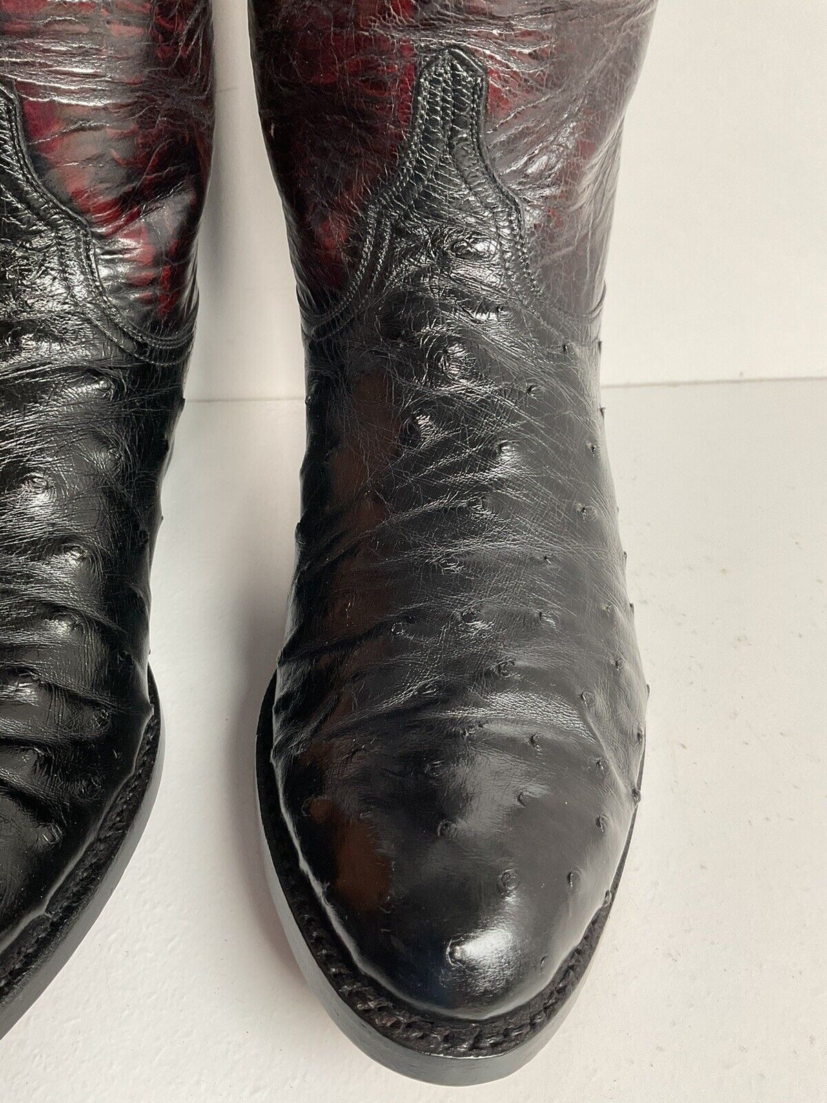 Vintage Lucchese Black Cherry Ostrich Quill Cowboy Boots 10 B Inlay New Soles