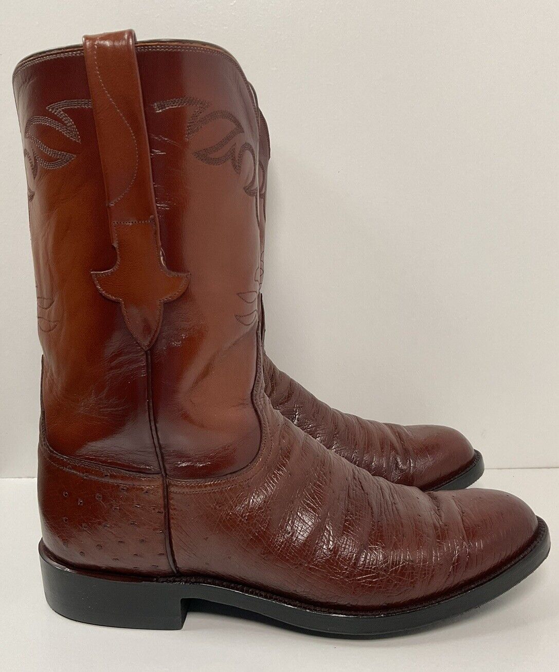 Vintage Lucchese Handmade Smooth Ostrich Roper Boots 10 D Exotic Cowboy