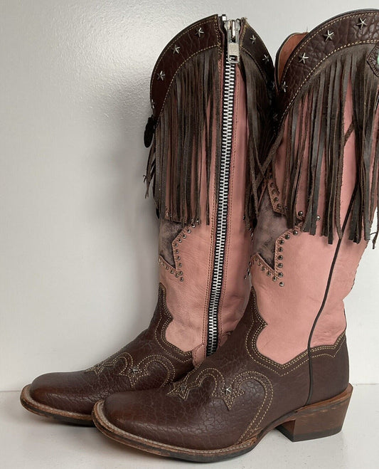 Dan Post 16” Fringe Cowgirl Boots 7.5 M Square Toe Star Inlay