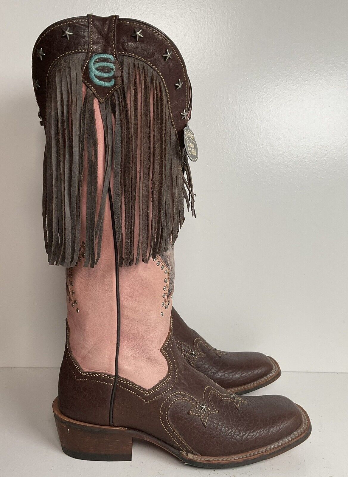 Dan Post 16” Fringe Cowgirl Boots 7.5 M Square Toe Star Inlay