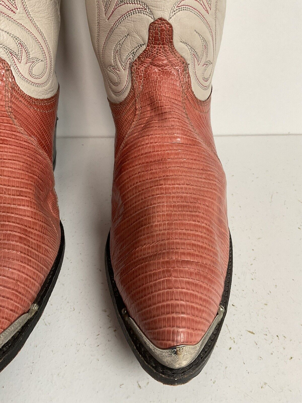 Vintage Dan Post Peach Cowgirl Boots 10 Lizard Vamp USA Made