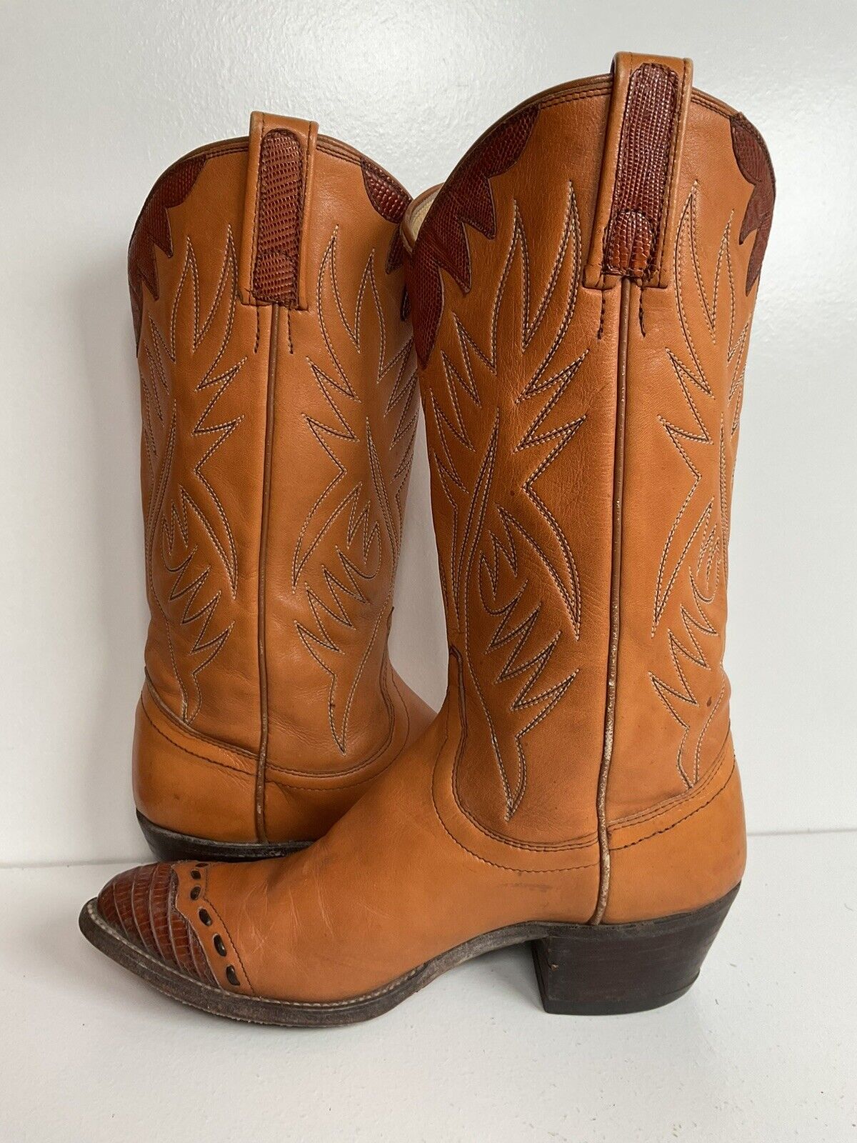 Vintage Dan Post Lizard Wingtip Cowgirl Boots 6.5 C Tooled Overlay