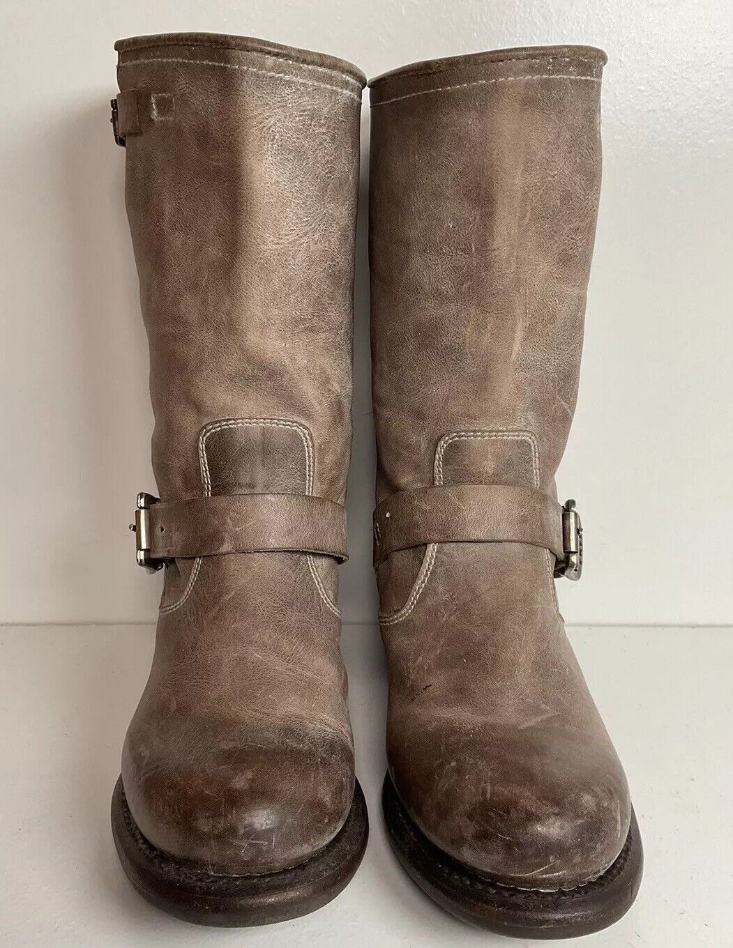 Frye Women’s Engineer Harness Boots 8 B Stacked Heel Taupe Grey