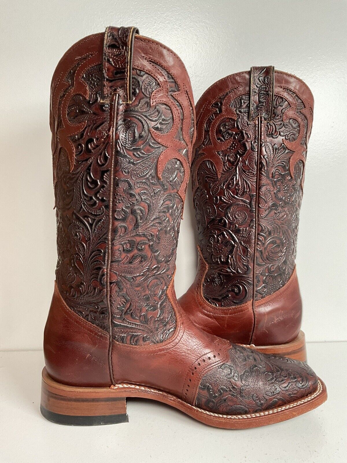 Boulet Hand Tooled Cowgirl Boots 9.5 C Square Toe