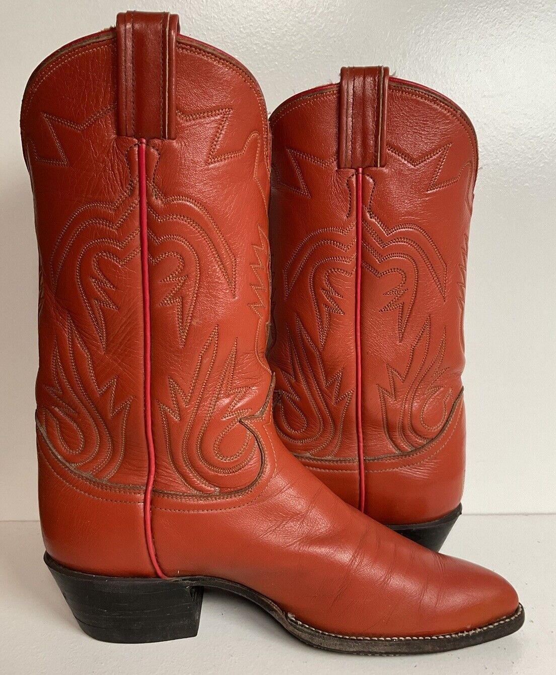 Vintage Tony Lama Burnt Orange Cowgirl Boots 6.5 C Tooled Inlay