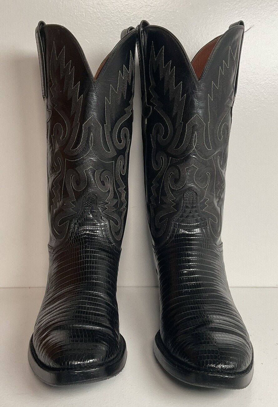 Lucchese Classic Black Teju Lizard Cowboy Boots 8.5 D Old Label New Sole Savers