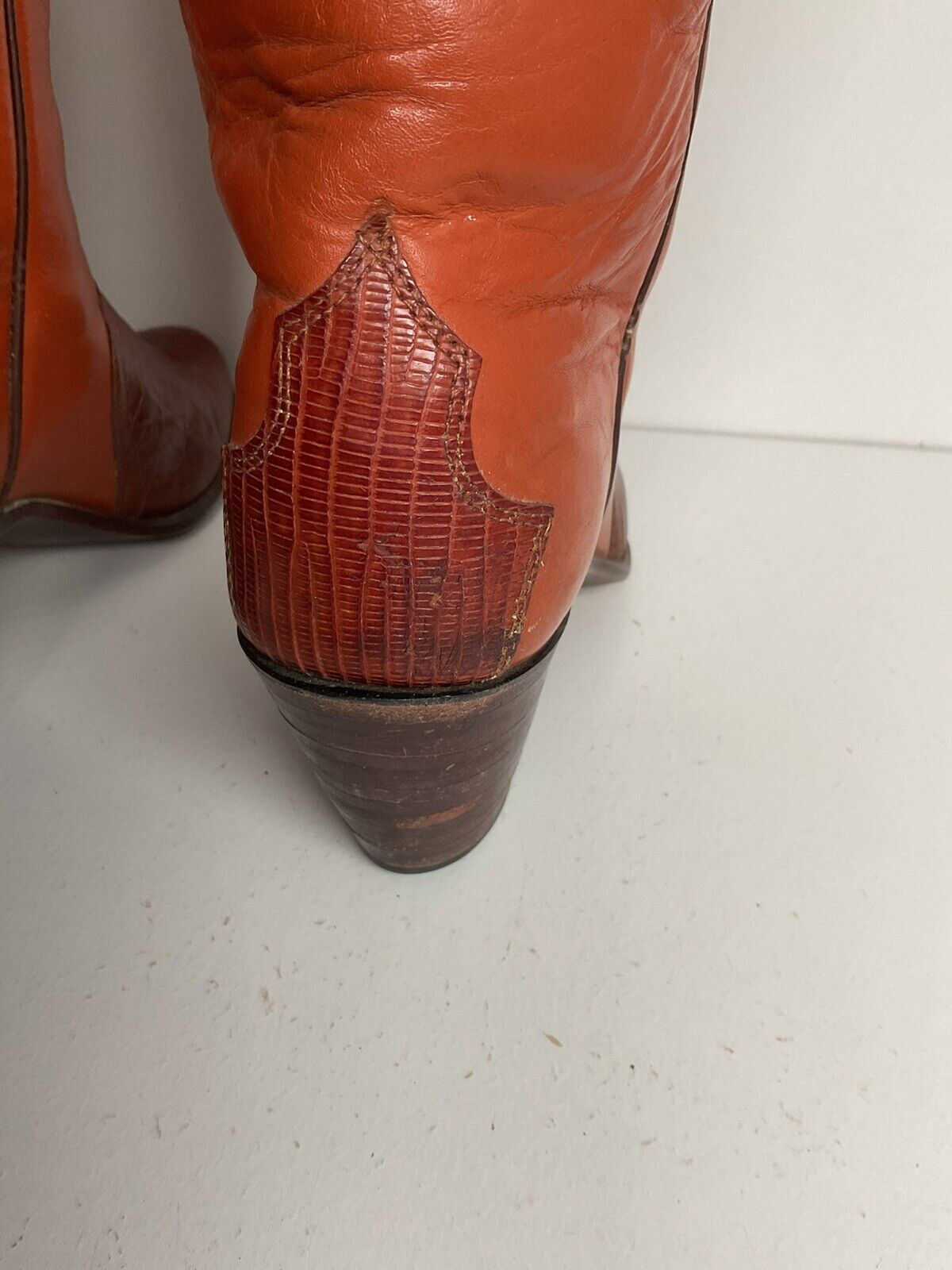 Vintage Justin 16” Tall Orange Cowgirl Boots 6.5 B Triad Tooled Lizard Overlay