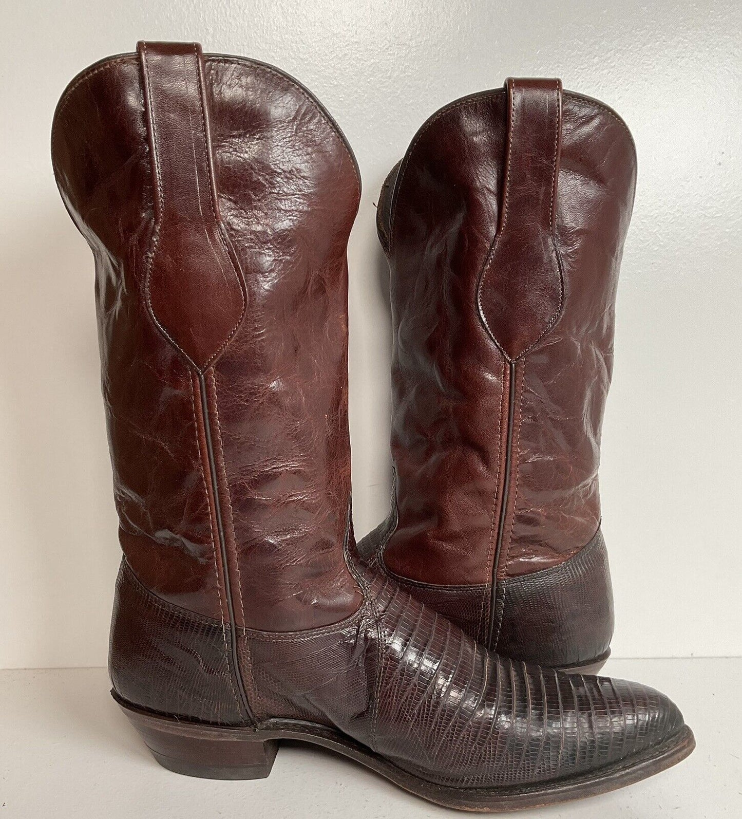 Vintage Wrangler Teju Lizard Cowboy Boots 9.5 M USA Mahogany Brown