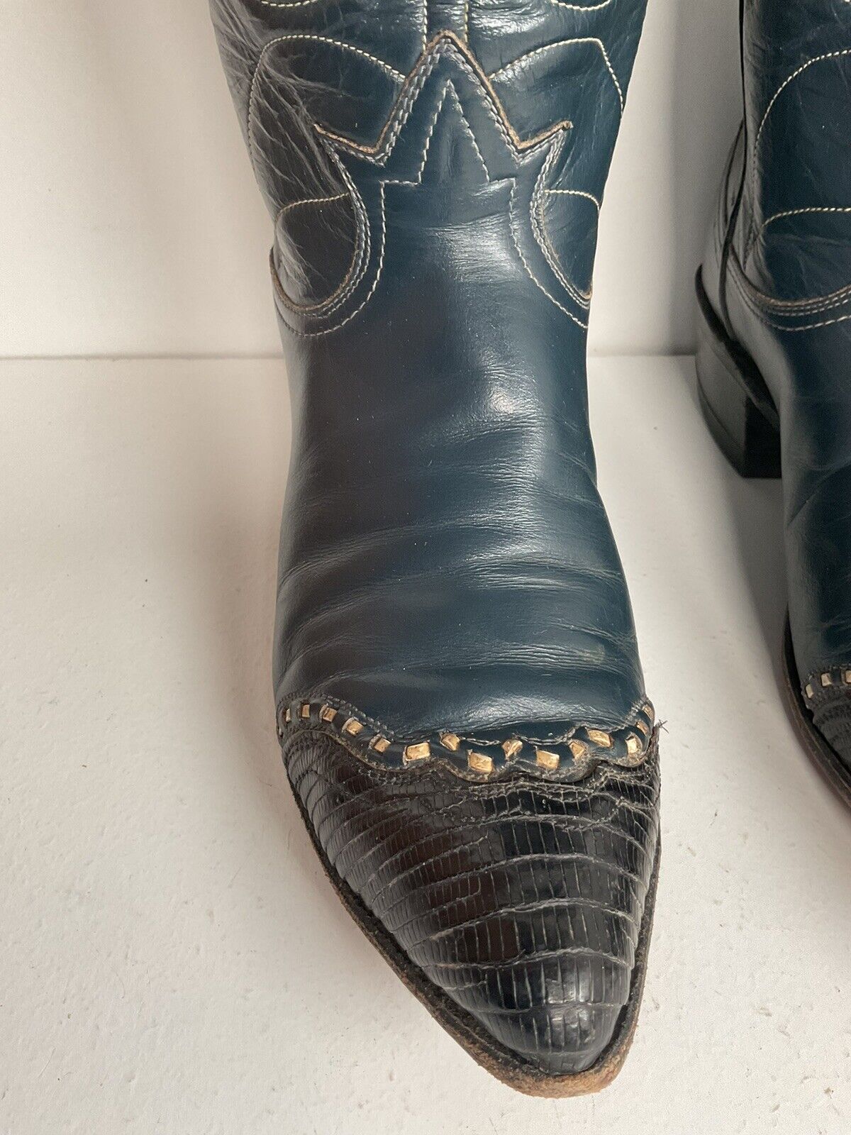 Vintage Tony Lama Navy Blue Cowgirl Boots 6 A Lizard Wingtip