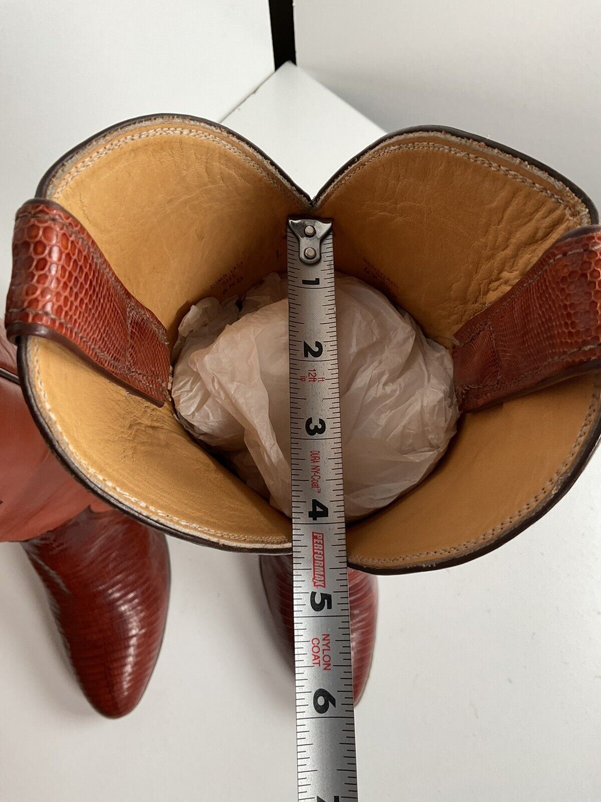 Vintage Justin 16” Tall Orange Cowgirl Boots 6.5 B Triad Tooled Lizard Overlay