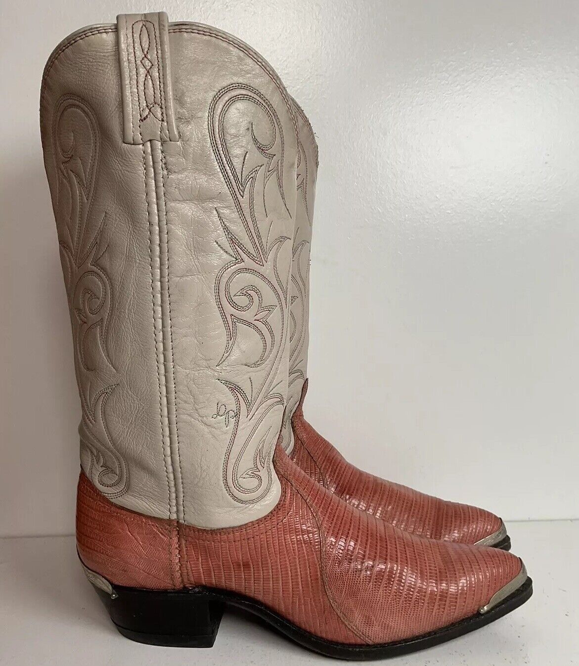 Vintage Dan Post Peach Cowgirl Boots 10 Lizard Vamp USA Made