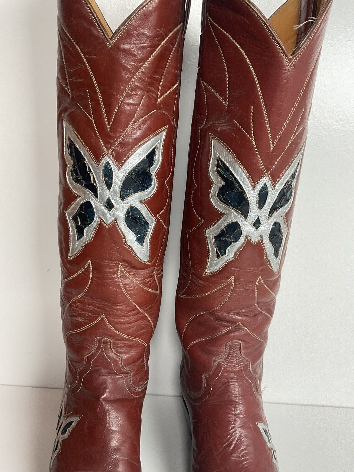 Vintage Justin 18” Butterfly Cowgirl Boots 5.5 C Snakeskin Inlay 70s