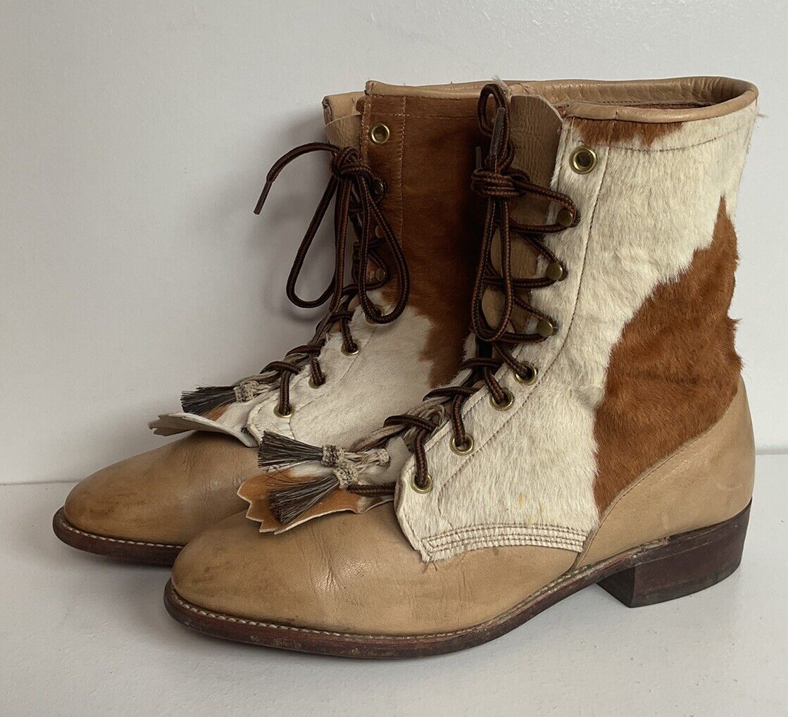 Vintage Larry Mahan Women’s Pony Hair On Cowhide Kiltie Packer Boots 8.5 M